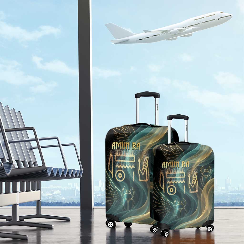 Amun Ancient Egyptian Luggage Cover with Mystical Smoke Swirl Pattern, Fiery Ram Head, and Hieroglyphic - Wonder Print Shop
