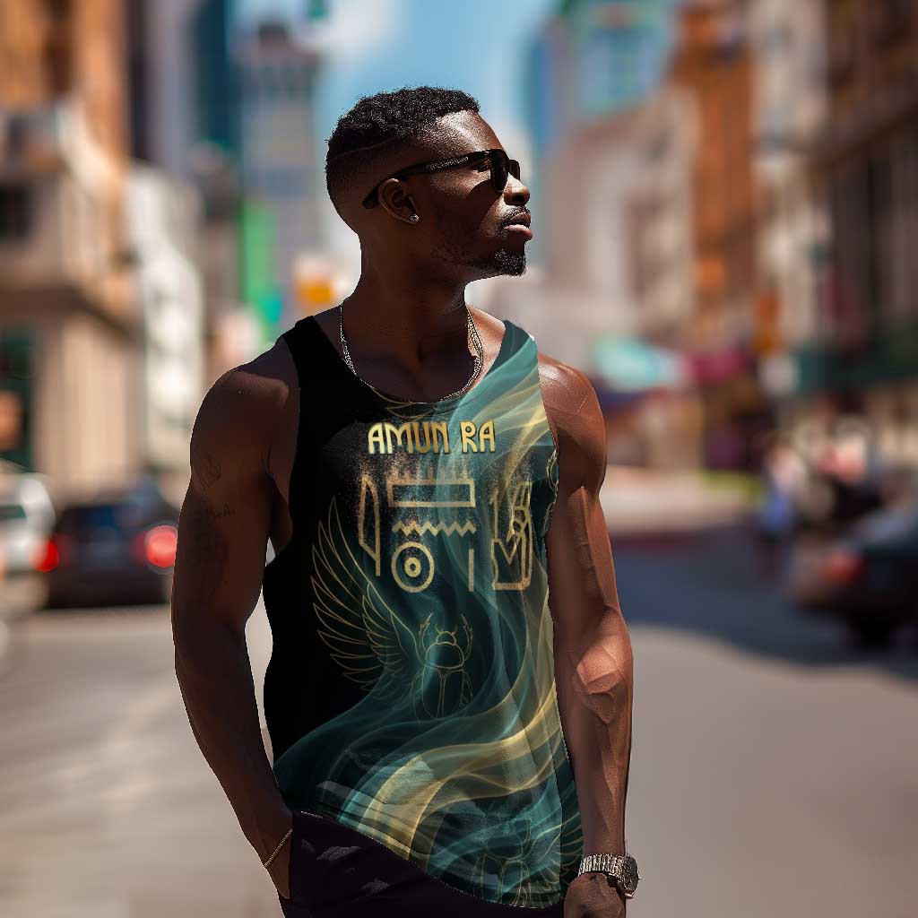 Amun Ancient Egyptian Men Tank Top with Mystical Smoke Swirl Pattern, Fiery Ram Head, and Hieroglyphic - Wonder Print Shop