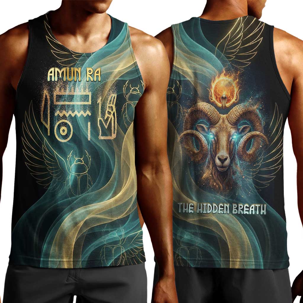 Amun Ancient Egyptian Men Tank Top with Mystical Smoke Swirl Pattern, Fiery Ram Head, and Hieroglyphic - Wonder Print Shop