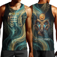 Amun Ancient Egyptian Men Tank Top with Mystical Smoke Swirl Pattern, Fiery Ram Head, and Hieroglyphic - Wonder Print Shop