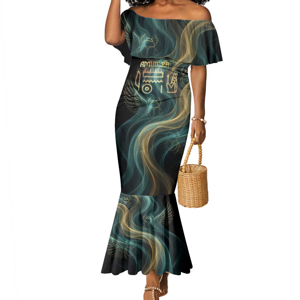Amun Ancient Egyptian Mermaid Dress with Mystical Smoke Swirl Pattern, Fiery Ram Head, and Hieroglyphic - Wonder Print Shop