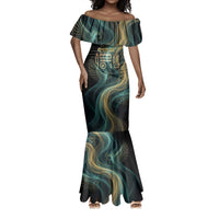 Amun Ancient Egyptian Mermaid Dress with Mystical Smoke Swirl Pattern, Fiery Ram Head, and Hieroglyphic - Wonder Print Shop