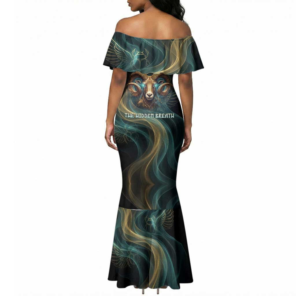 Amun Ancient Egyptian Mermaid Dress with Mystical Smoke Swirl Pattern, Fiery Ram Head, and Hieroglyphic - Wonder Print Shop
