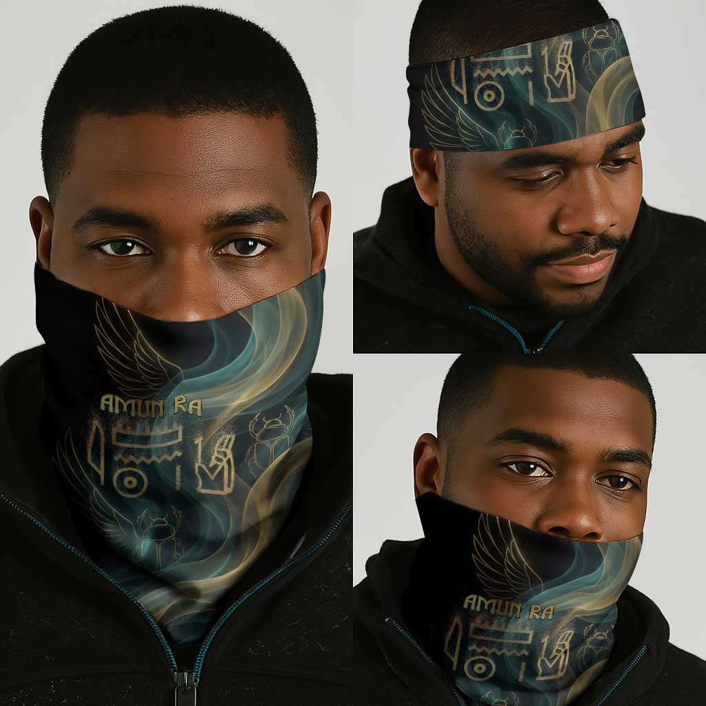 Amun Ancient Egyptian Neck Gaiter with Mystical Smoke Swirl Pattern, Fiery Ram Head, and Hieroglyphic - Wonder Print Shop