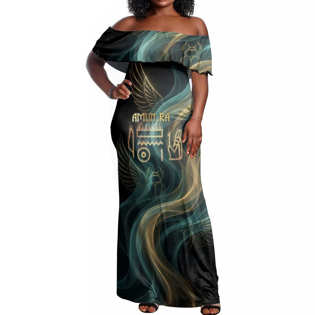 Amun Ancient Egyptian Off Shoulder Maxi Dress with Mystical Smoke Swirl Pattern, Fiery Ram Head, and Hieroglyphic - Wonder Print Shop