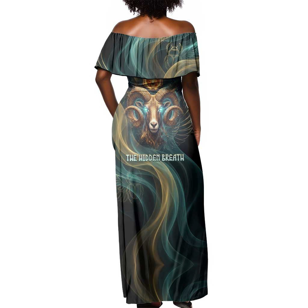 Amun Ancient Egyptian Off Shoulder Maxi Dress with Mystical Smoke Swirl Pattern, Fiery Ram Head, and Hieroglyphic - Wonder Print Shop