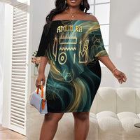 Amun Ancient Egyptian Off Shoulder Short Dress with Mystical Smoke Swirl Pattern, Fiery Ram Head, and Hieroglyphic - Wonder Print Shop