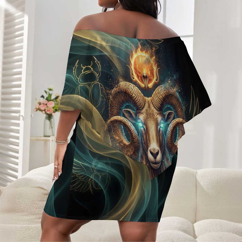Amun Ancient Egyptian Off Shoulder Short Dress with Mystical Smoke Swirl Pattern, Fiery Ram Head, and Hieroglyphic - Wonder Print Shop