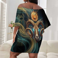 Amun Ancient Egyptian Off Shoulder Short Dress with Mystical Smoke Swirl Pattern, Fiery Ram Head, and Hieroglyphic - Wonder Print Shop