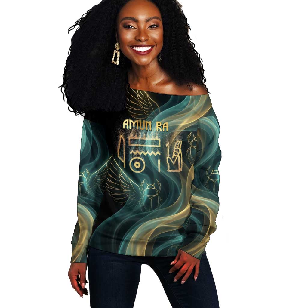 Amun Ancient Egyptian Off Shoulder Sweater with Mystical Smoke Swirl Pattern, Fiery Ram Head, and Hieroglyphic - Wonder Print Shop