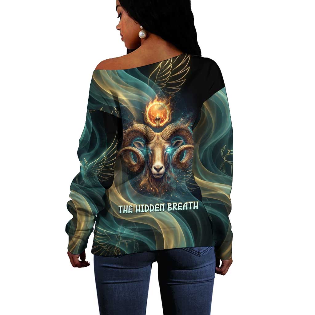 Amun Ancient Egyptian Off Shoulder Sweater with Mystical Smoke Swirl Pattern, Fiery Ram Head, and Hieroglyphic - Wonder Print Shop