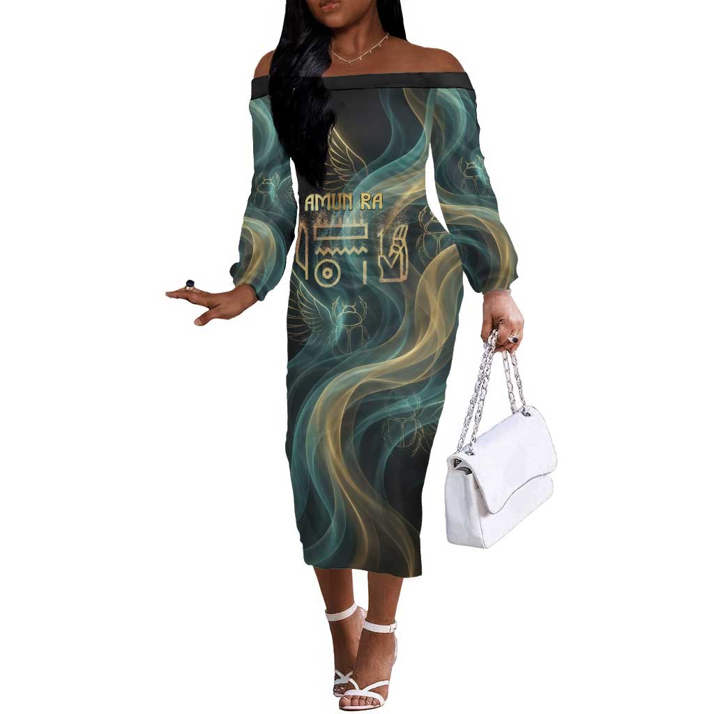 Amun Ancient Egyptian Off The Shoulder Long Sleeve Dress with Mystical Smoke Swirl Pattern, Fiery Ram Head, and Hieroglyphic - Wonder Print Shop