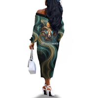 Amun Ancient Egyptian Off The Shoulder Long Sleeve Dress with Mystical Smoke Swirl Pattern, Fiery Ram Head, and Hieroglyphic - Wonder Print Shop
