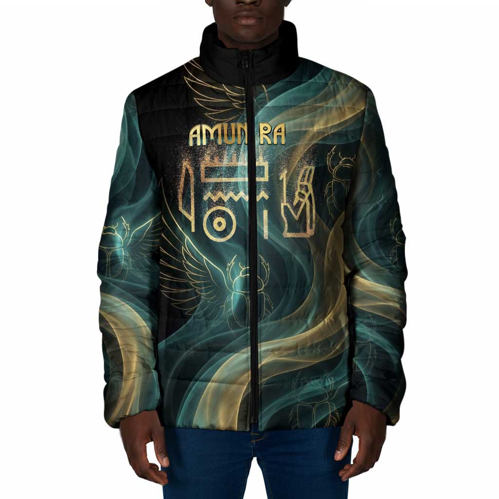 Amun Ancient Egyptian Padded Jacket with Mystical Smoke Swirl Pattern, Fiery Ram Head, and Hieroglyphic - Wonder Print Shop
