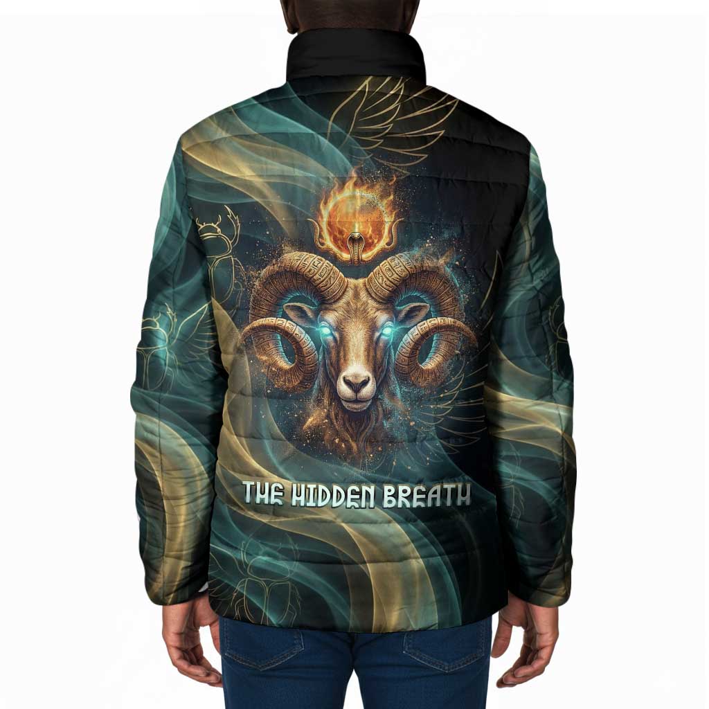 Amun Ancient Egyptian Padded Jacket with Mystical Smoke Swirl Pattern, Fiery Ram Head, and Hieroglyphic - Wonder Print Shop