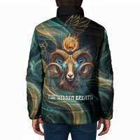 Amun Ancient Egyptian Padded Jacket with Mystical Smoke Swirl Pattern, Fiery Ram Head, and Hieroglyphic - Wonder Print Shop