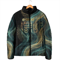 Amun Ancient Egyptian Padded Jacket with Mystical Smoke Swirl Pattern, Fiery Ram Head, and Hieroglyphic - Wonder Print Shop