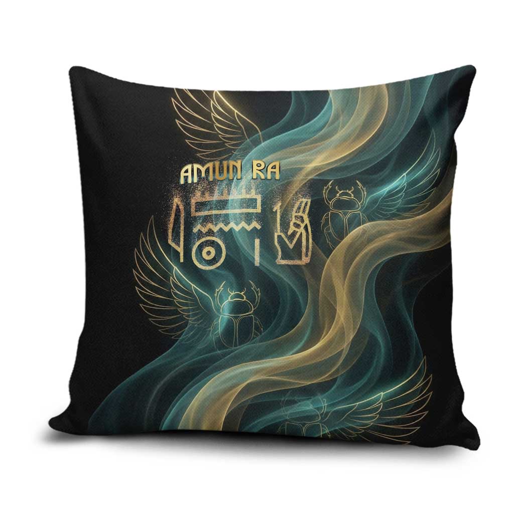 Amun Ancient Egyptian Pillow Cover with Mystical Smoke Swirl Pattern, Fiery Ram Head, and Hieroglyphic - Wonder Print Shop