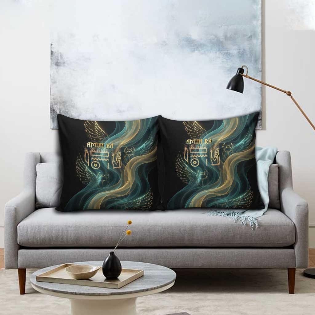 Amun Ancient Egyptian Pillow Cover with Mystical Smoke Swirl Pattern, Fiery Ram Head, and Hieroglyphic - Wonder Print Shop