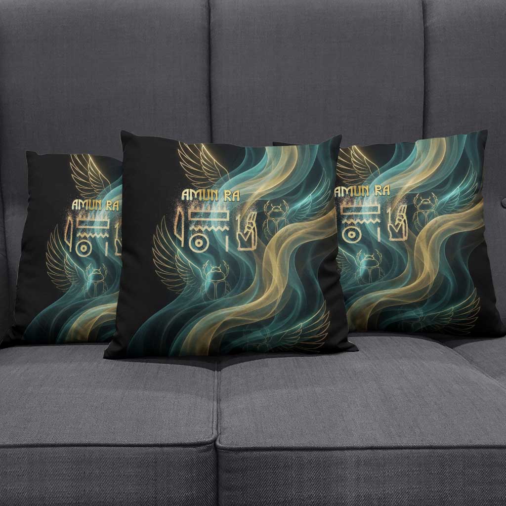Amun Ancient Egyptian Pillow Cover with Mystical Smoke Swirl Pattern, Fiery Ram Head, and Hieroglyphic - Wonder Print Shop