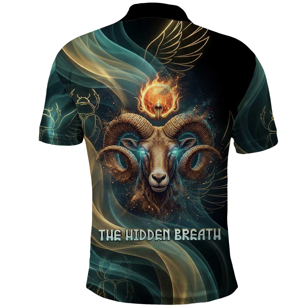 Amun Ancient Egyptian Polo Shirt with Mystical Smoke Swirl Pattern, Fiery Ram Head, and Hieroglyphic - Wonder Print Shop