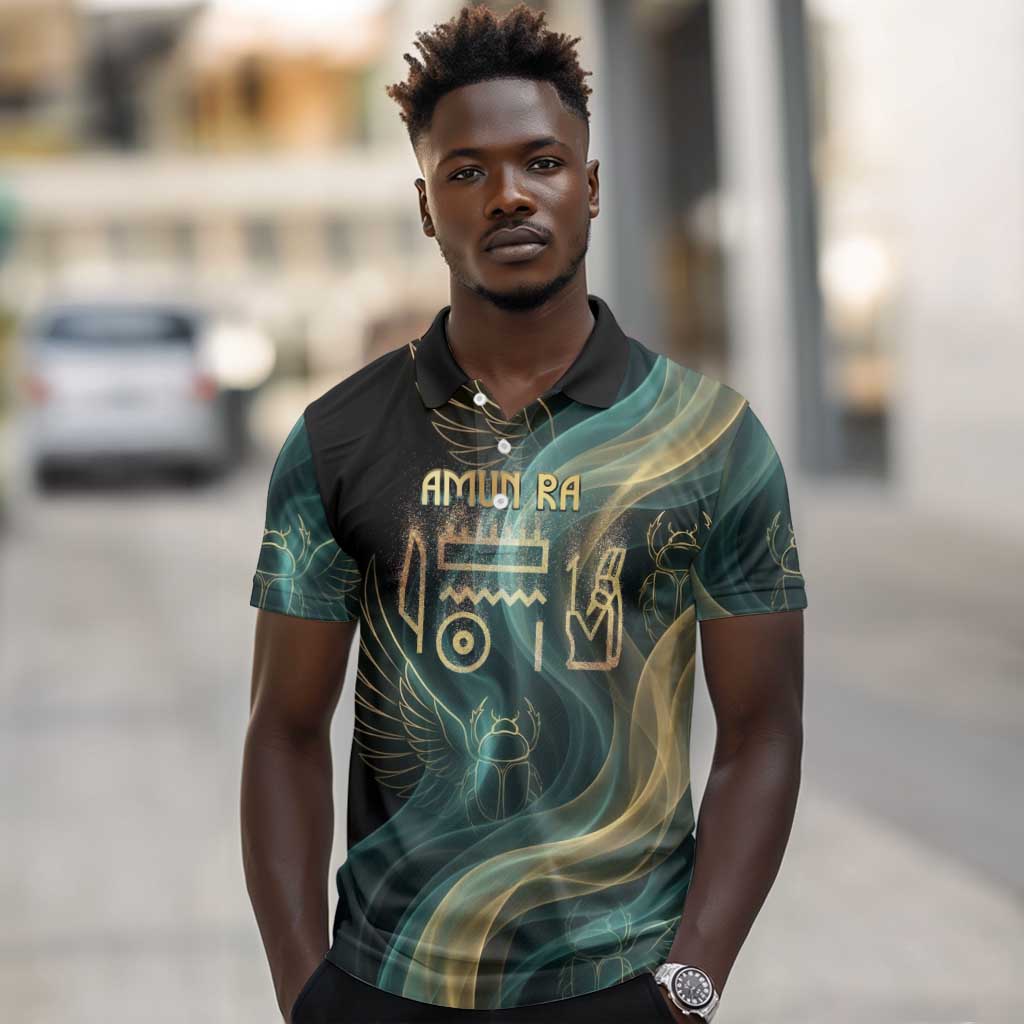 Amun Ancient Egyptian Polo Shirt with Mystical Smoke Swirl Pattern, Fiery Ram Head, and Hieroglyphic - Wonder Print Shop