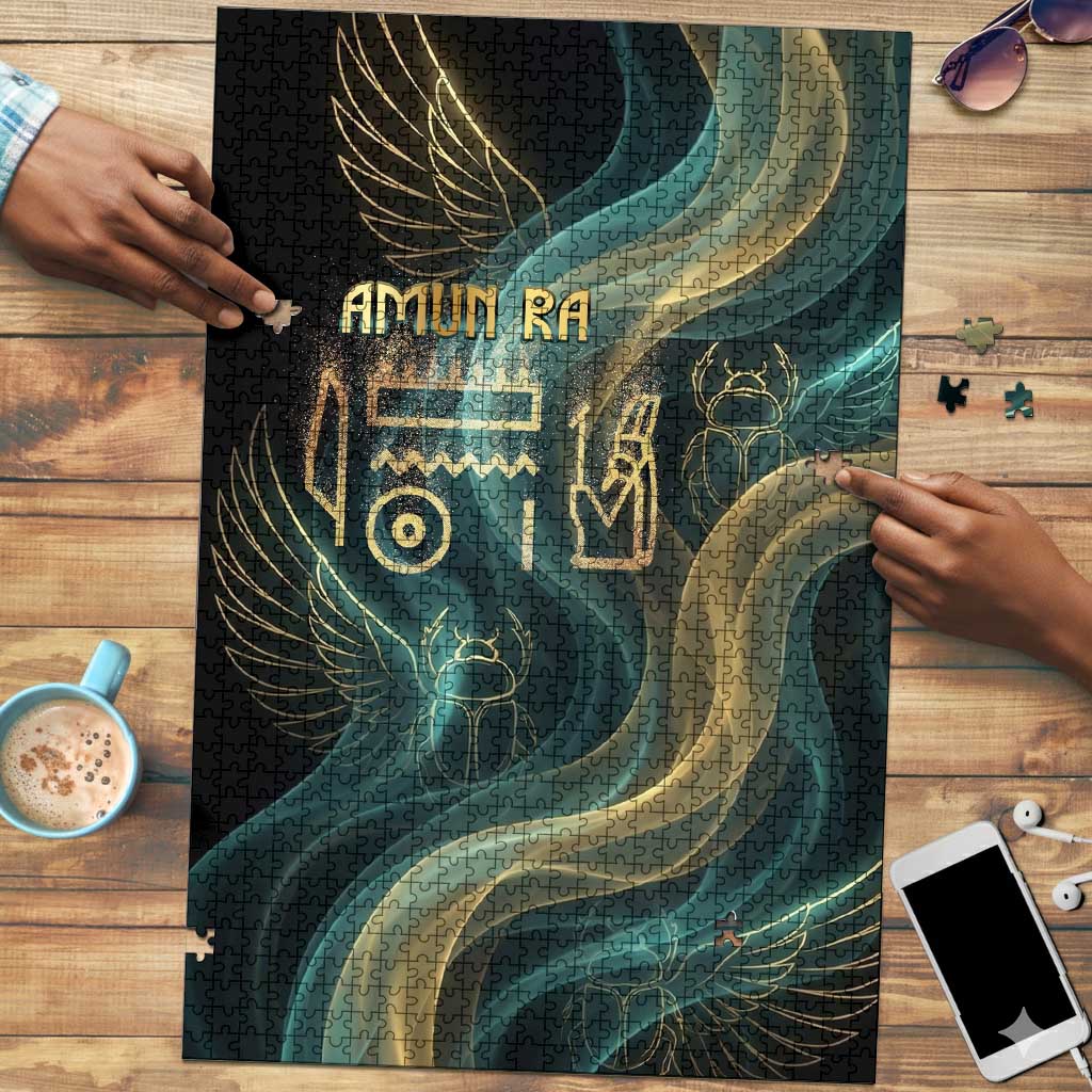 Amun Ancient Egyptian Puzzle with Mystical Smoke Swirl Pattern, Fiery Ram Head, and Hieroglyphic - Wonder Print Shop