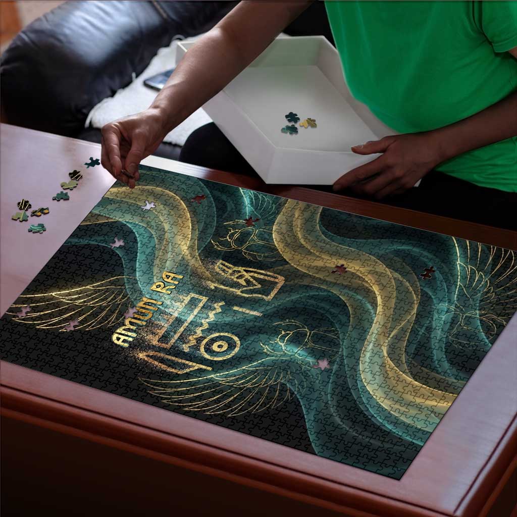 Amun Ancient Egyptian Puzzle with Mystical Smoke Swirl Pattern, Fiery Ram Head, and Hieroglyphic - Wonder Print Shop