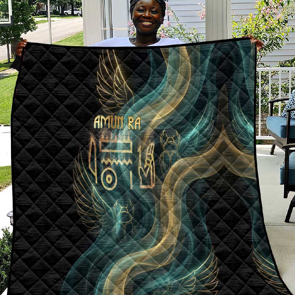 Amun Ancient Egyptian Quilt with Mystical Smoke Swirl Pattern, Fiery Ram Head, and Hieroglyphic - Wonder Print Shop