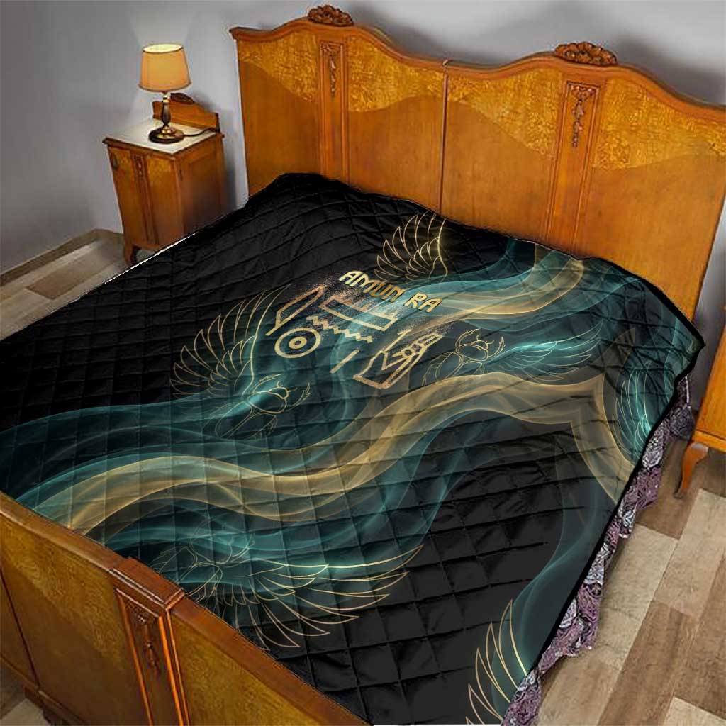 Amun Ancient Egyptian Quilt with Mystical Smoke Swirl Pattern, Fiery Ram Head, and Hieroglyphic - Wonder Print Shop