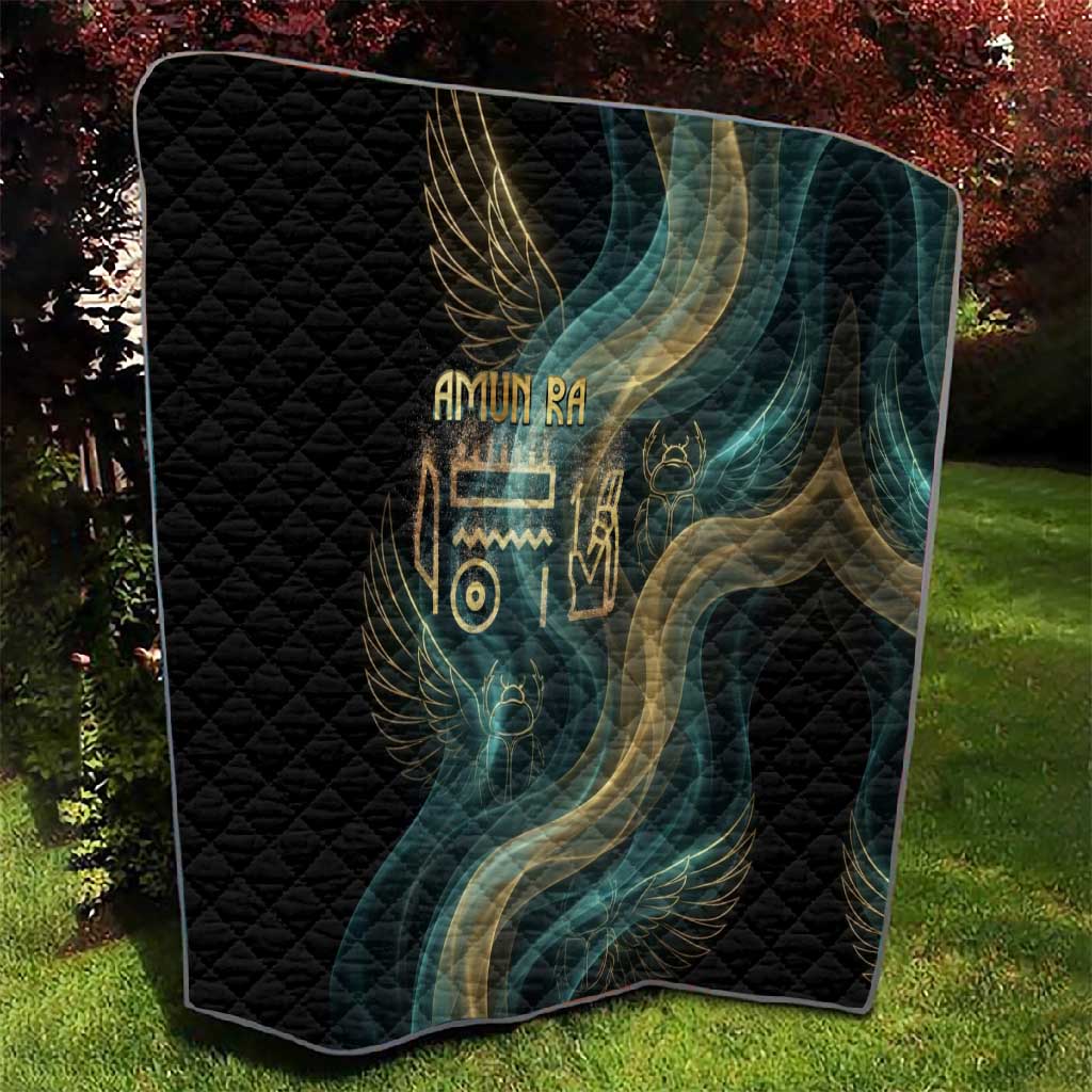 Amun Ancient Egyptian Quilt with Mystical Smoke Swirl Pattern, Fiery Ram Head, and Hieroglyphic - Wonder Print Shop