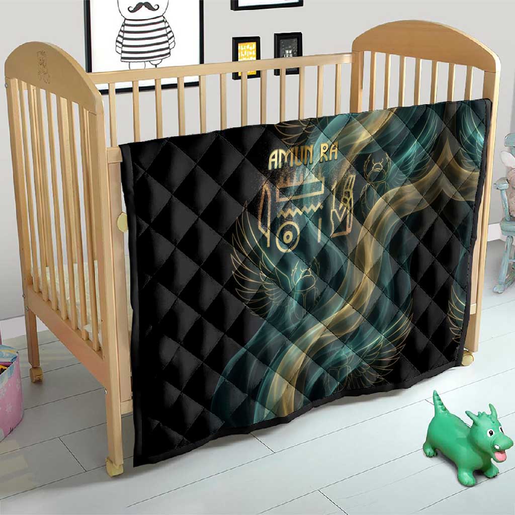 Amun Ancient Egyptian Quilt with Mystical Smoke Swirl Pattern, Fiery Ram Head, and Hieroglyphic - Wonder Print Shop