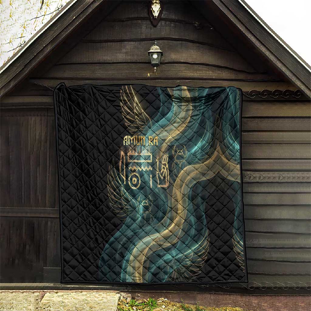 Amun Ancient Egyptian Quilt with Mystical Smoke Swirl Pattern, Fiery Ram Head, and Hieroglyphic - Wonder Print Shop