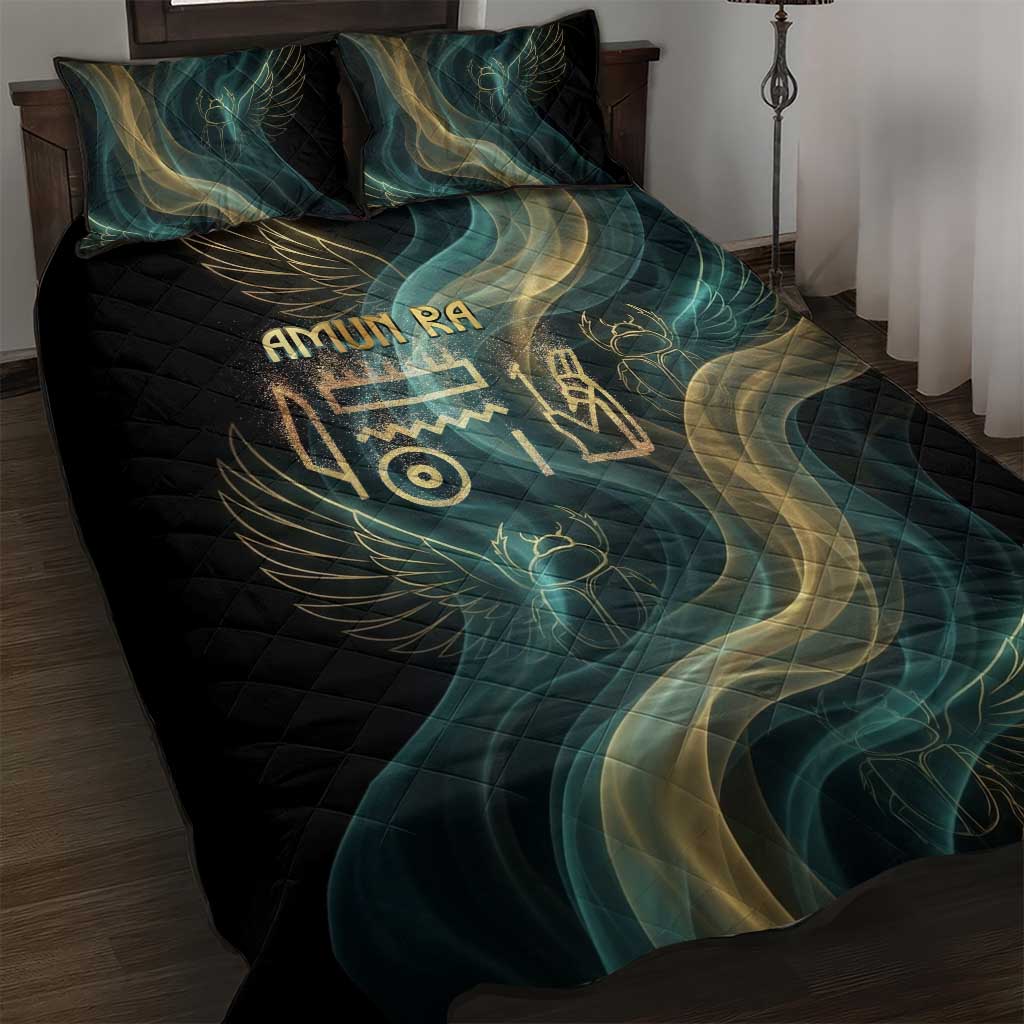 Amun Ancient Egyptian Quilt Bed Set with Mystical Smoke Swirl Pattern, Fiery Ram Head, and Hieroglyphic - Wonder Print Shop