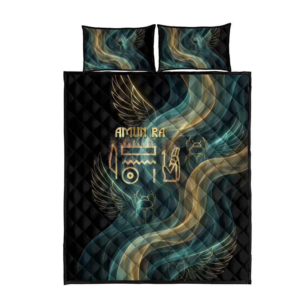 Amun Ancient Egyptian Quilt Bed Set with Mystical Smoke Swirl Pattern, Fiery Ram Head, and Hieroglyphic - Wonder Print Shop