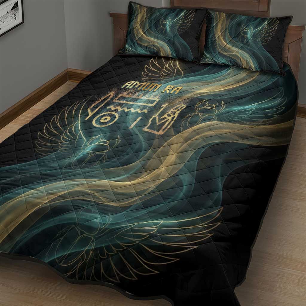 Amun Ancient Egyptian Quilt Bed Set with Mystical Smoke Swirl Pattern, Fiery Ram Head, and Hieroglyphic - Wonder Print Shop