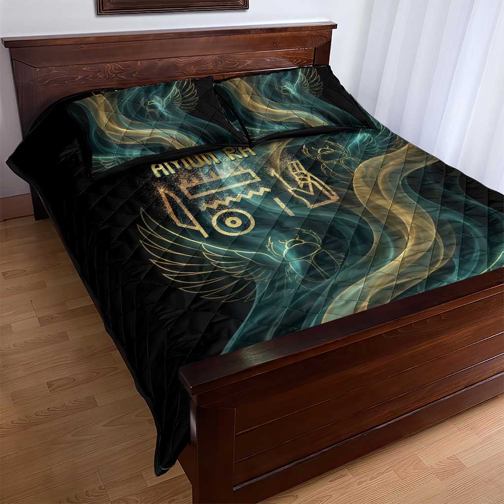 Amun Ancient Egyptian Quilt Bed Set with Mystical Smoke Swirl Pattern, Fiery Ram Head, and Hieroglyphic - Wonder Print Shop