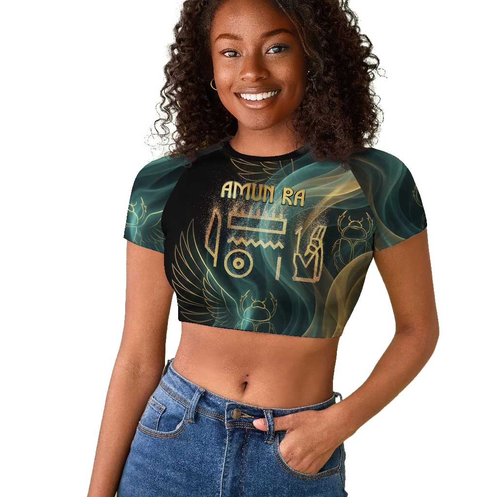 Amun Ancient Egyptian Raglan Cropped T shirt with Mystical Smoke Swirl Pattern, Fiery Ram Head, and Hieroglyphic - Wonder Print Shop