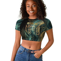 Amun Ancient Egyptian Raglan Cropped T shirt with Mystical Smoke Swirl Pattern, Fiery Ram Head, and Hieroglyphic - Wonder Print Shop