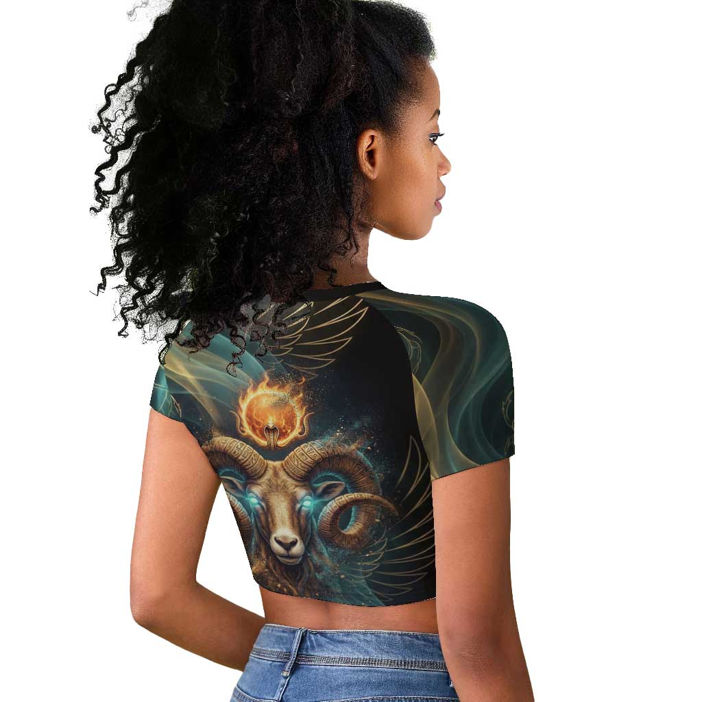Amun Ancient Egyptian Raglan Cropped T shirt with Mystical Smoke Swirl Pattern, Fiery Ram Head, and Hieroglyphic - Wonder Print Shop
