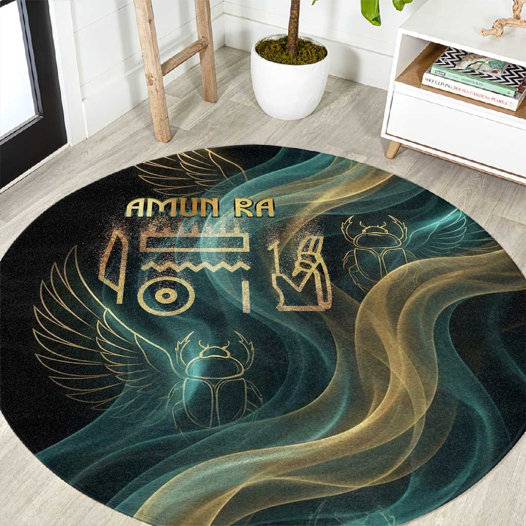 Amun Ancient Egyptian Round Carpet with Mystical Smoke Swirl Pattern, Fiery Ram Head, and Hieroglyphic - Wonder Print Shop