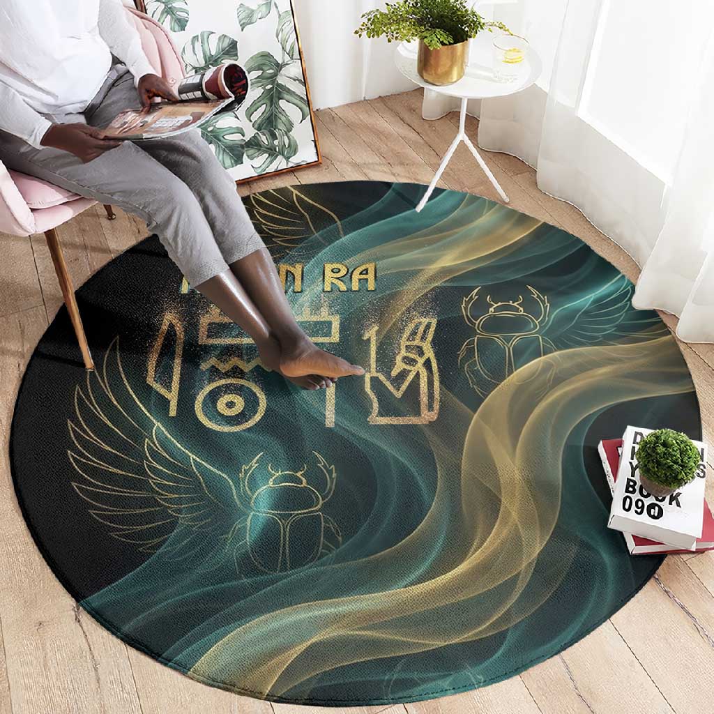 Amun Ancient Egyptian Round Carpet with Mystical Smoke Swirl Pattern, Fiery Ram Head, and Hieroglyphic - Wonder Print Shop