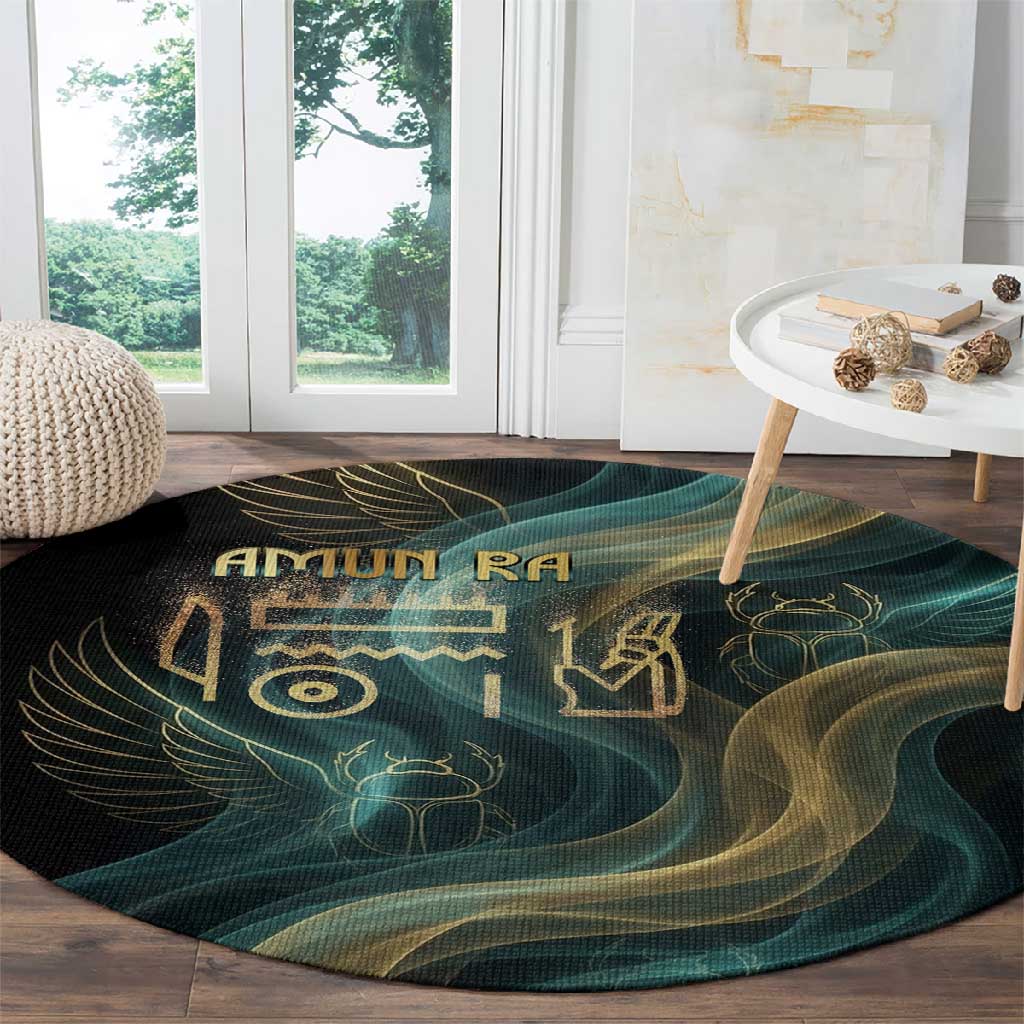 Amun Ancient Egyptian Round Carpet with Mystical Smoke Swirl Pattern, Fiery Ram Head, and Hieroglyphic - Wonder Print Shop