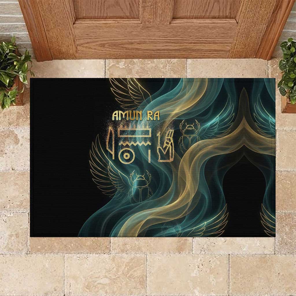 Amun Ancient Egyptian Rubber Doormat with Mystical Smoke Swirl Pattern, Fiery Ram Head, and Hieroglyphic - Wonder Print Shop