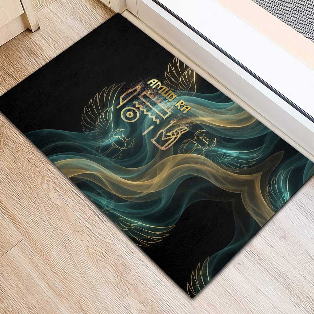 Amun Ancient Egyptian Rubber Doormat with Mystical Smoke Swirl Pattern, Fiery Ram Head, and Hieroglyphic - Wonder Print Shop
