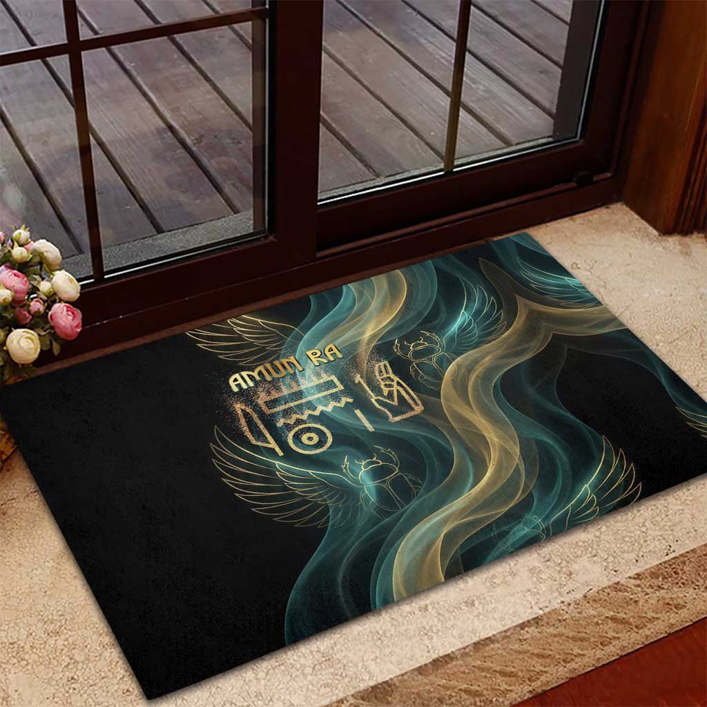 Amun Ancient Egyptian Rubber Doormat with Mystical Smoke Swirl Pattern, Fiery Ram Head, and Hieroglyphic - Wonder Print Shop