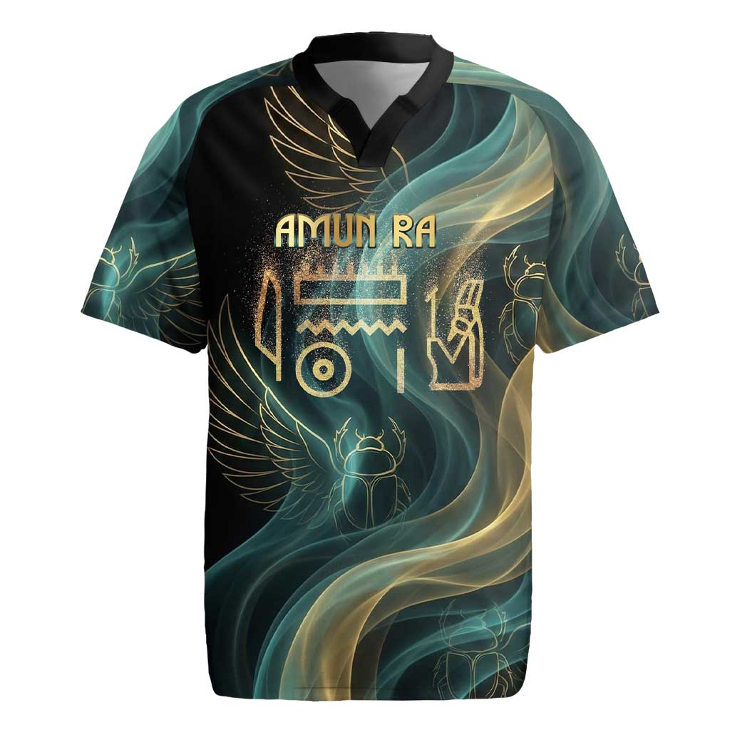 Amun Ancient Egyptian Rugby Jersey with Mystical Smoke Swirl Pattern, Fiery Ram Head, and Hieroglyphic - Wonder Print Shop