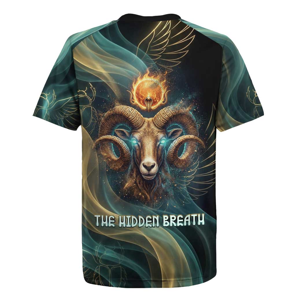 Amun Ancient Egyptian Rugby Jersey with Mystical Smoke Swirl Pattern, Fiery Ram Head, and Hieroglyphic - Wonder Print Shop