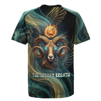 Amun Ancient Egyptian Rugby Jersey with Mystical Smoke Swirl Pattern, Fiery Ram Head, and Hieroglyphic - Wonder Print Shop
