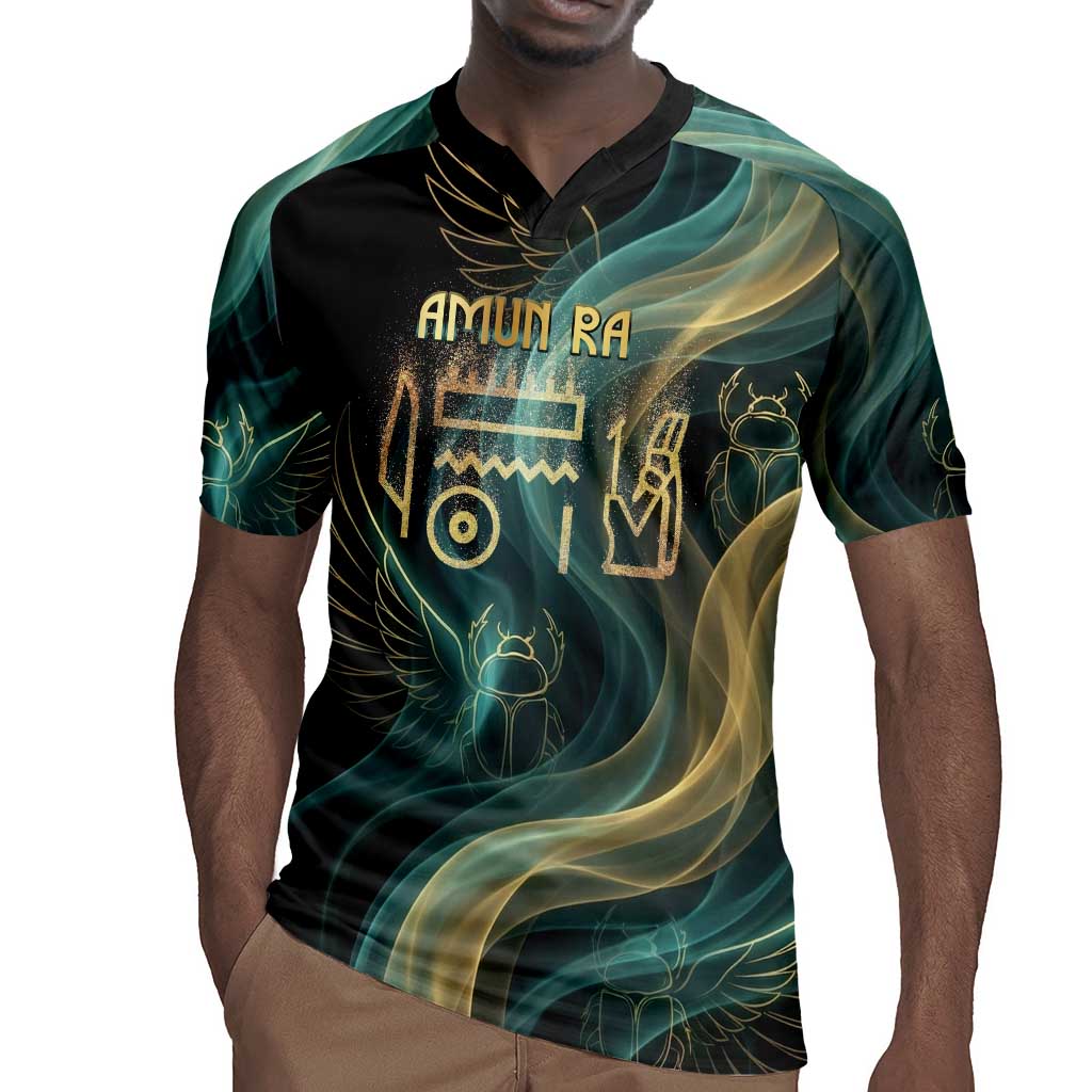 Amun Ancient Egyptian Rugby Jersey with Mystical Smoke Swirl Pattern, Fiery Ram Head, and Hieroglyphic - Wonder Print Shop